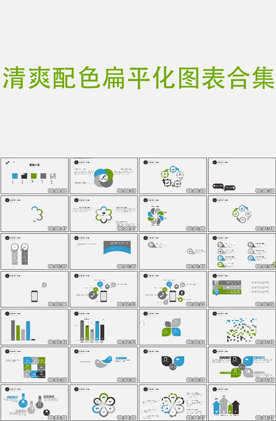 动态清爽扁平化商务汇报总结类图表合集包PPT模板