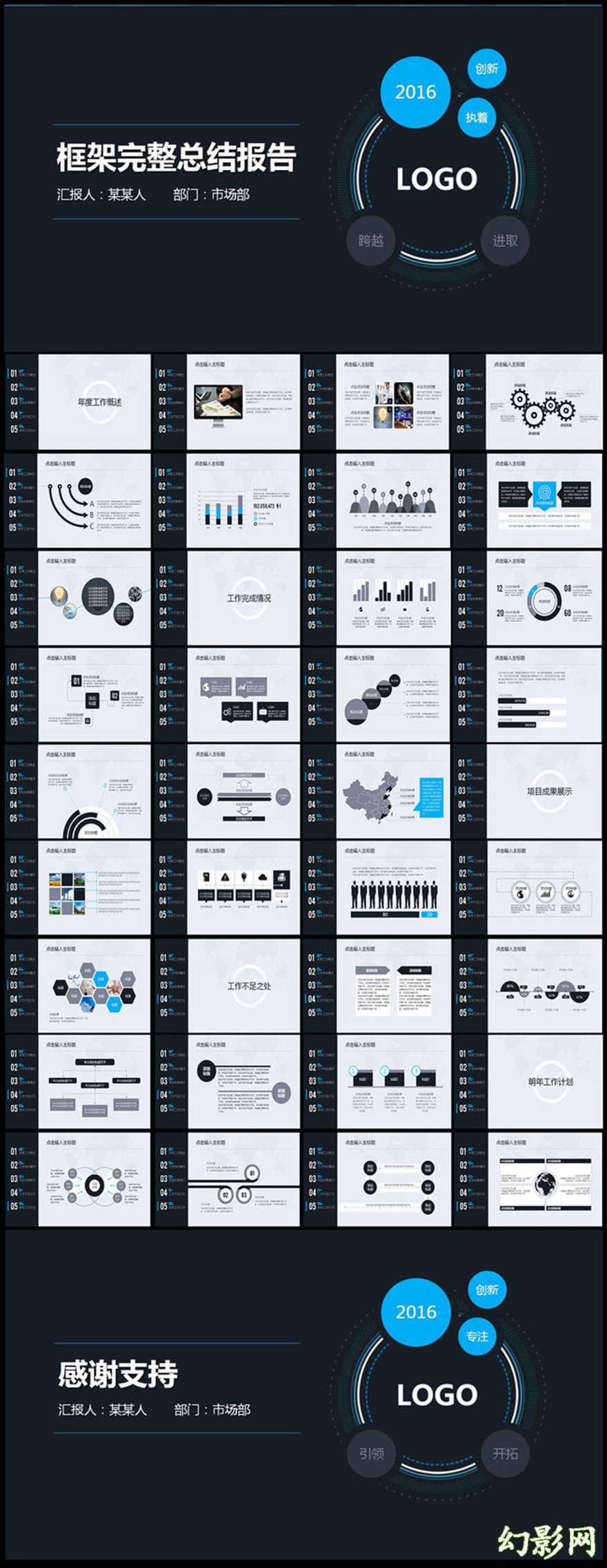 框架完整的年度工作总结报告动态PPT模板