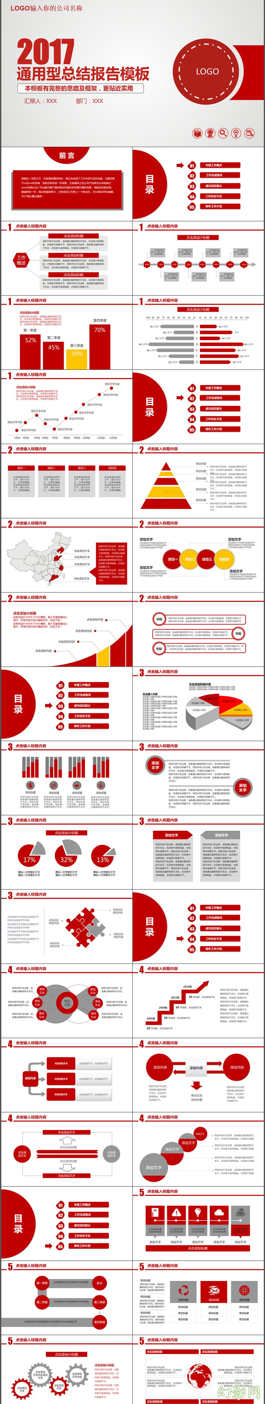 2017红色商务办公通用型总结报告PPT模板