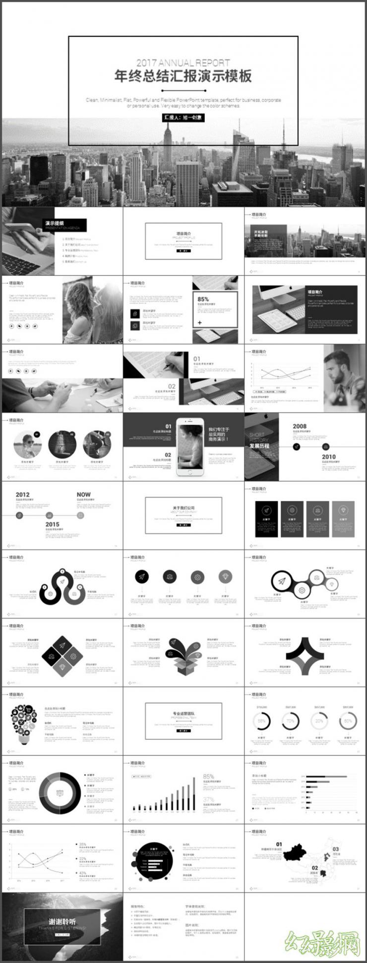 【静态·黑白】文艺范极简年终总结汇报PPT模