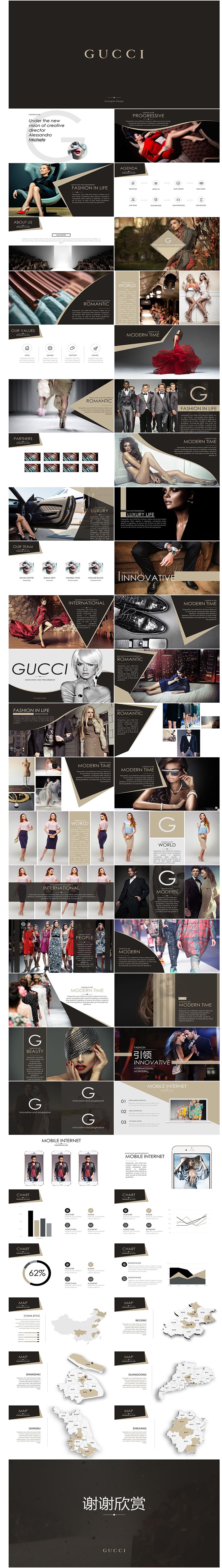 古驰gucci风格高端奢侈品化妆品珠宝服装电子画册ppt模板