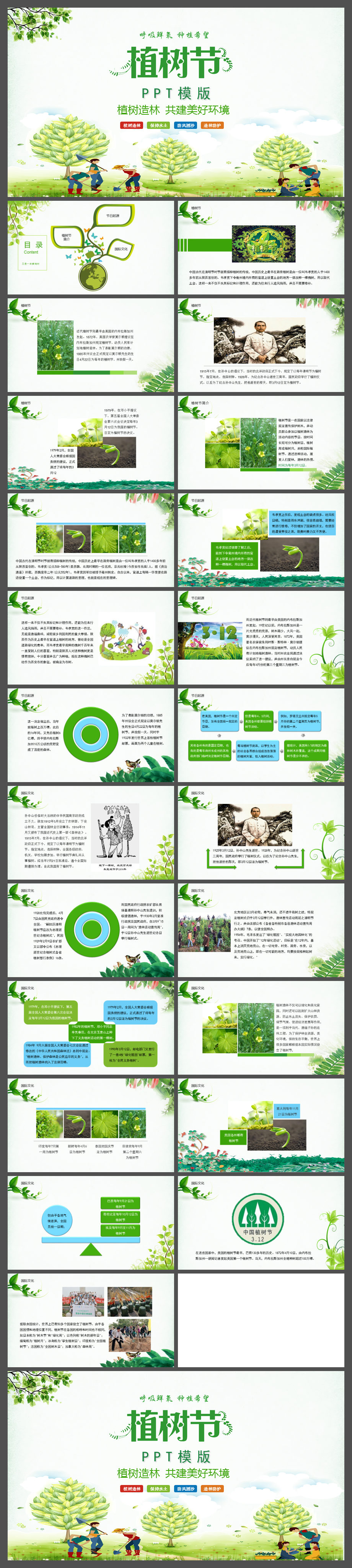 绿色清新传统节日312植树节介绍PPT模版